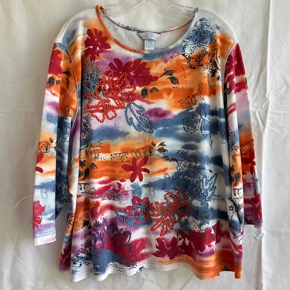 Napa Valley Blues Woman Blouse, artsy, art to wear, colorful, embroidered, Sz 2X